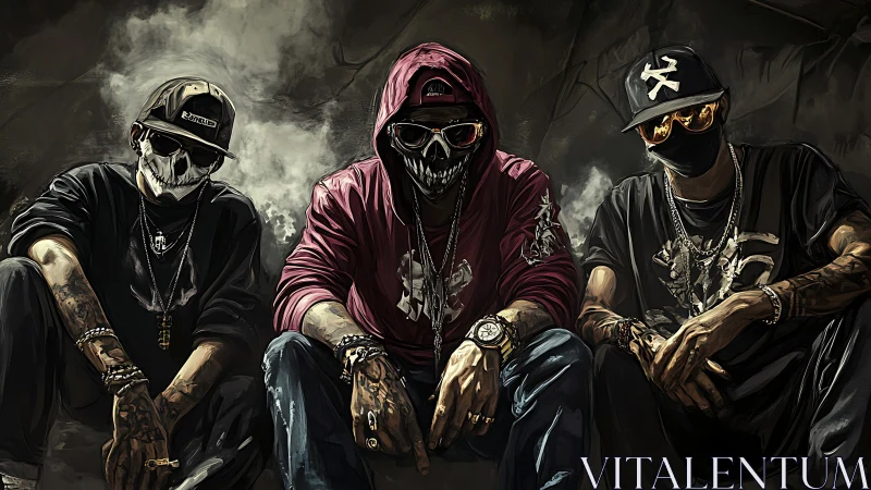 Three masked figures in streetwear with skull motifs posed.