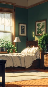 Sunlit bedroom sanctuary with plants and warm wooden accents.