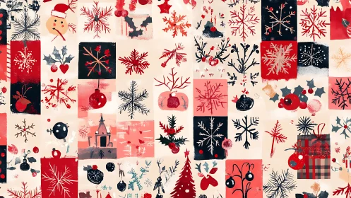 Geometric grid of stylized Christmas icons rendered in flat gouache