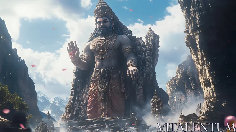 Colossal mountain deity carved in misty sacred canyon.