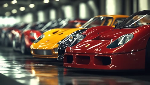 Sleek sports cars rest in a gleaming underground garage