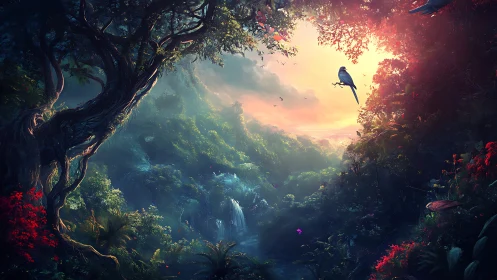 Luminous jungle valley with waterfalls and silhouetted birds.