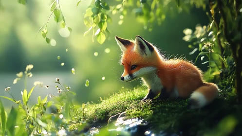 Young fox sits on mossy forest bank in soft backlight