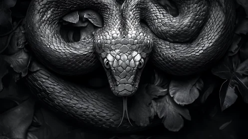 Monochrome coiled snake with extended tongue in foliage.