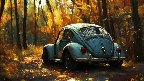 Weathered blue compact car in dense autumn forest scene.