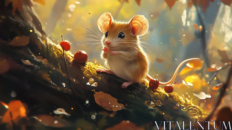 Tiny forest mouse pauses on a sunlit branch in autumn calm