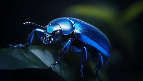 Iridescent cobalt beetle macro on leaf, high contrast lighting