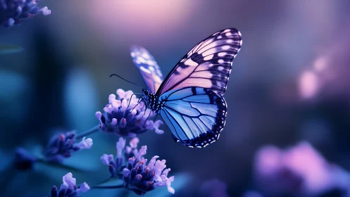 Blue butterfly on lavender-toned flowers in soft focus.