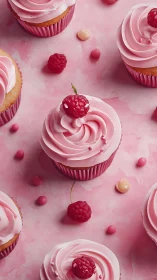 Raspberry-Topped Cupcakes with Pink Frosting Swirls.