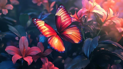 Orange butterfly among flowers in low light garden setting.