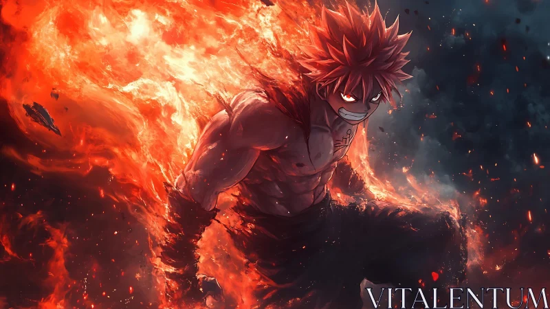 Fire-kissed warrior strides from molten dusk with fierce joy