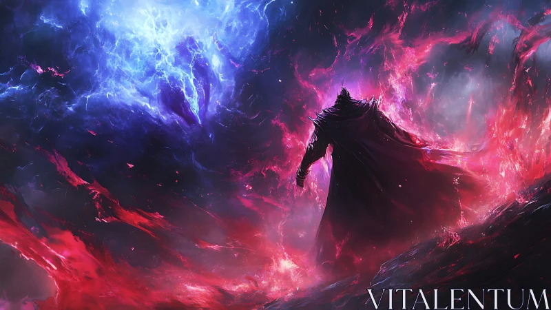 Solitary cloaked figure before contrasting cosmic energies.