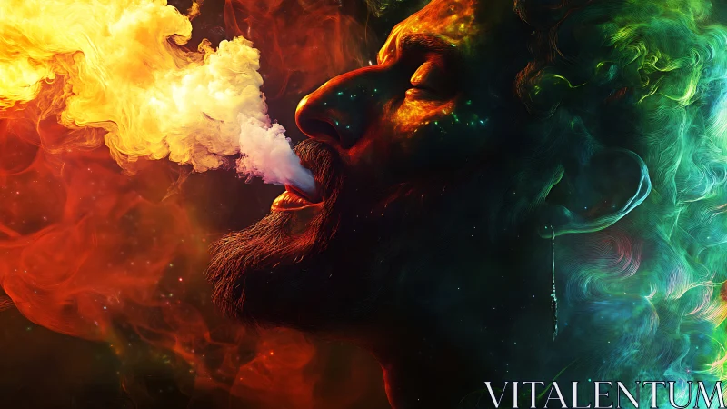 Cosmic dreamer exhales galaxies in neon swirling smoke