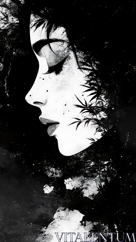 Monochrome profile synthesis with ink foliage integration.