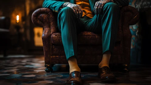 Low angle view isolates suited figure on leather armchair in moody interior
