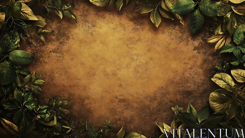 Golden textured background encircled by lush green leaves.