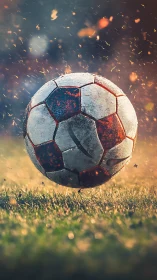 Weathered soccer ball soaring through golden evening light.