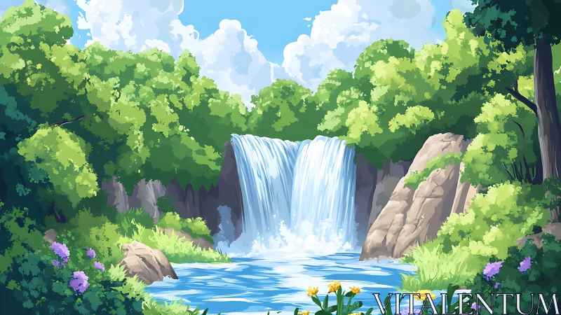 Waterfall flows into clear pool between dense green trees