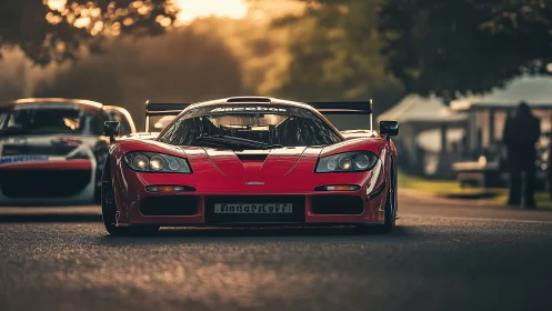 Low-angle track portrait of red supercar in golden-hour haze.