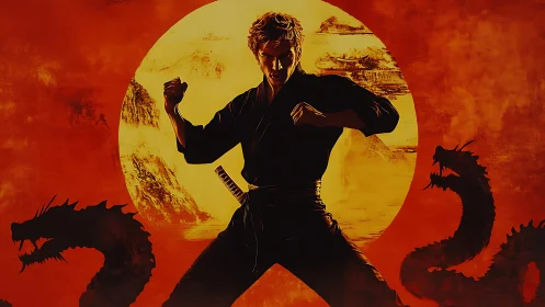 Martial artist silhouette confronts dual dragon forms in blazing sun