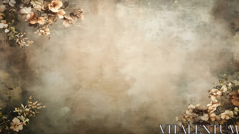 Neutral floral border over textured beige background surface.