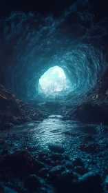 Subterranean glacial tunnel with reflective stream and skylight