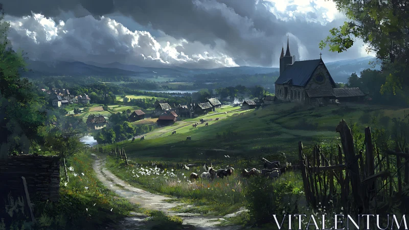 Dynamic rural valley landscape under dramatic storm-lit sky