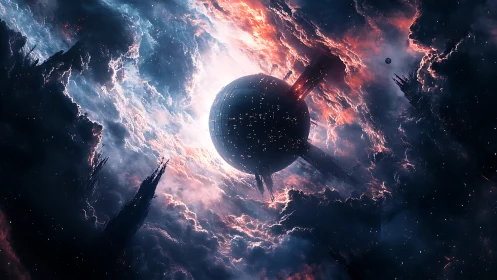 Starlit Dyson sphere drifting through glowing storm clouds.