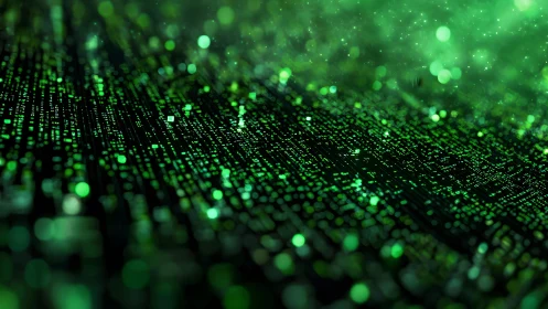 Futuristic digital matrix landscape with glowing green code lines.