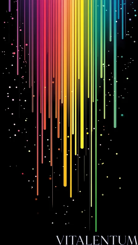 Neon rainbow streaks cascade through a starry black void.