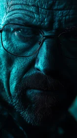 Intense close-up portrait of older man in blue light.