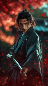 Scarred samurai with drawn katana in red leaf garden.