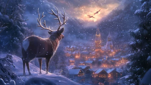 Snow-laden reindeer overlooks illuminated alpine village at dusk