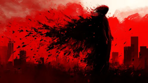 Silhouetted figure dissolves into crimson urban maelstrom
