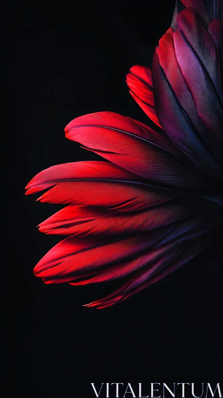 Red bird feathers curve into darkness with sharp contrast
