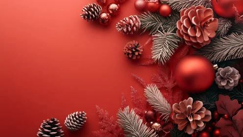 Red Christmas border with pine cones and ornaments.