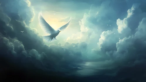 Luminous white dove ascends through storm-broken celestial clouds