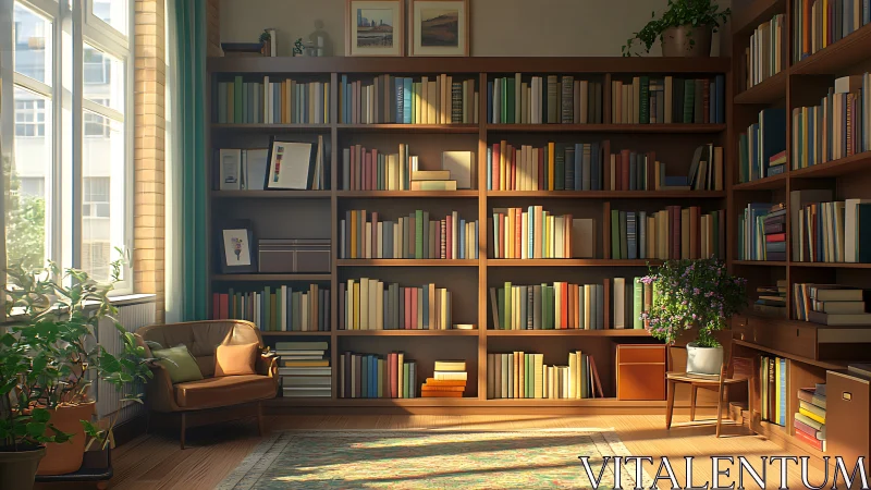 Sunlit library nook where quiet pages shimmer in gold.