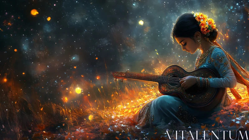 Starry meadow serenade with a quietly dreaming musician.