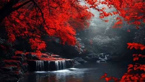Digital painting of crimson forest canopy over misted falls.