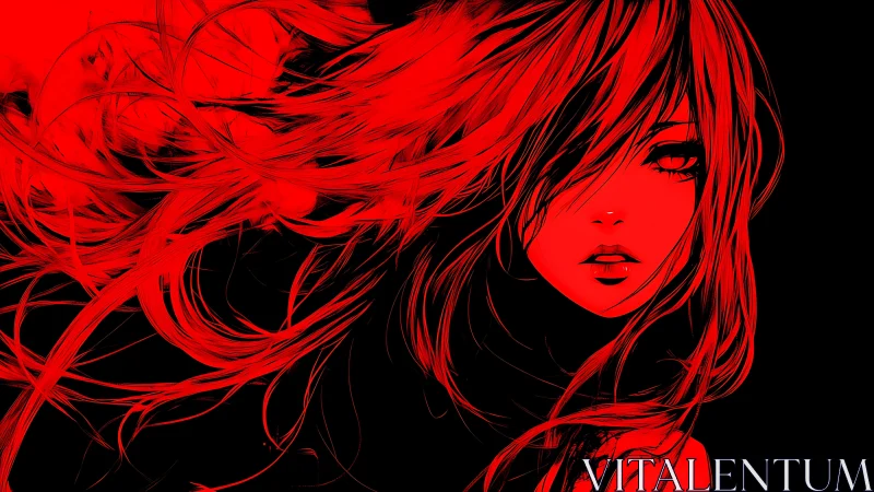 Crimson storm muse with untamed neon hair and quiet fire.