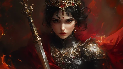Regal armored woman with jeweled crown against red field.