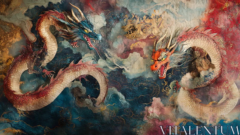 Twin oriental dragons circling in turbulent painted clouds.