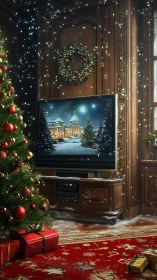 Snow filled Christmas interior with TV winter scene overlay