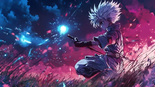 Starlit young warrior channeling power in neon twilight.