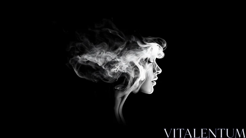 Monochrome female profile dissolving into sculpted smoke form.