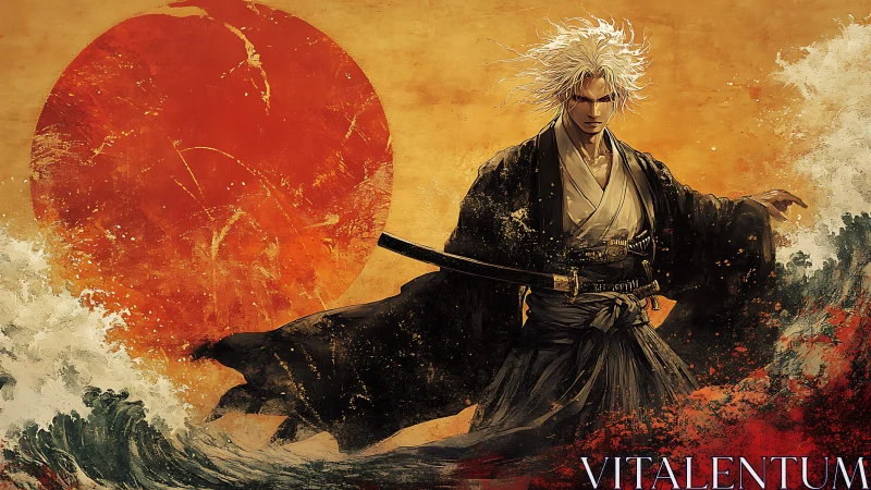 Stormbound samurai before blazing sun and crashing seas.
