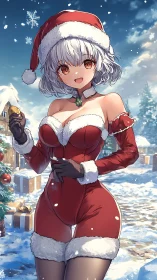 Anime woman in red Santa outfit in snowy village street.