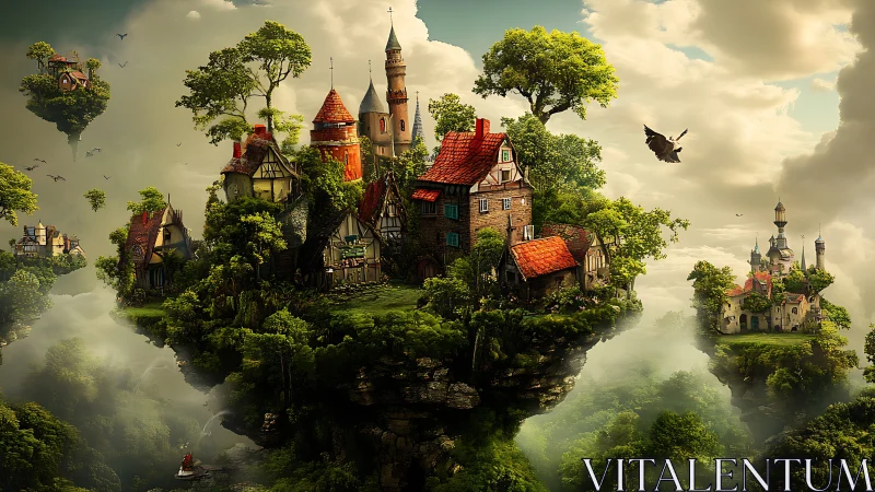 Floating medieval village islands in dense green landscape.