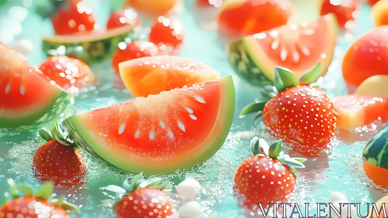 Summer-bright watermelon and strawberries in sparkling water.